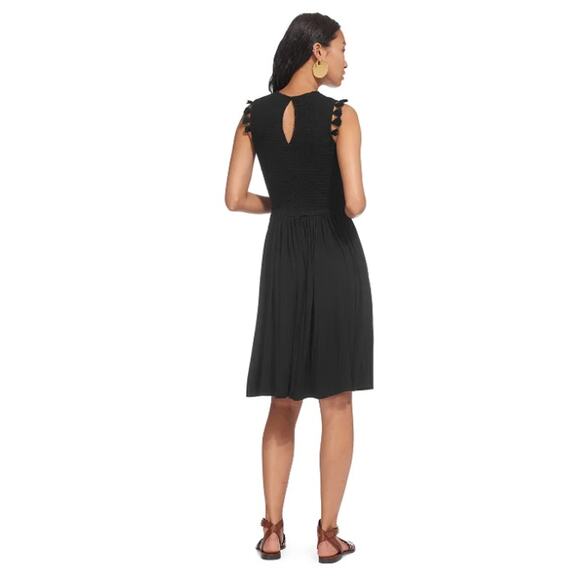 Whistles Crochet Lace Jersey Dress Black Size L Tassels Smocked Flowy Sleeveless - Picture 2 of 10